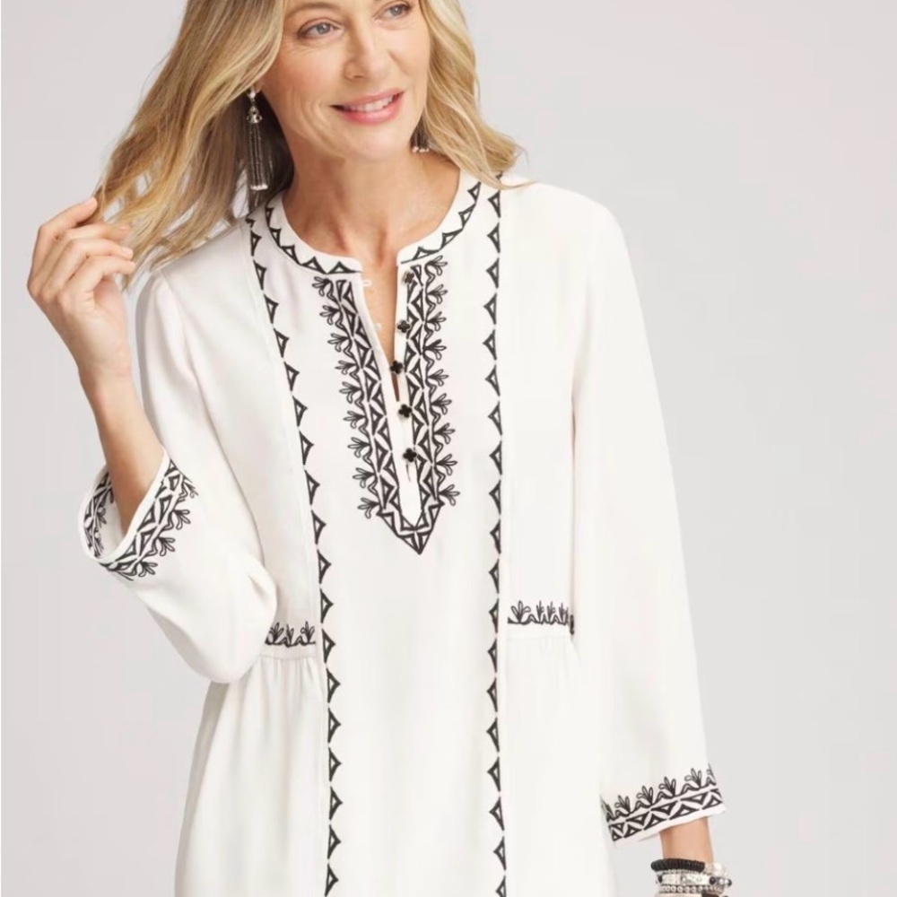 Chico's Ivory women’s Blouse with Black Embroidery